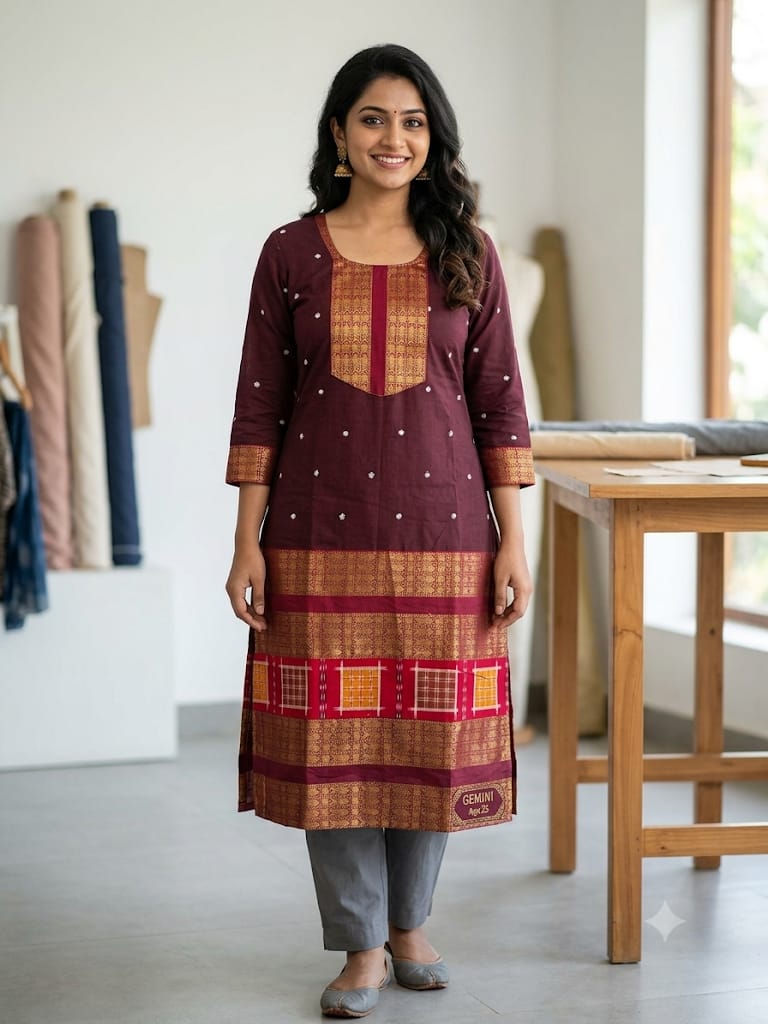 Pure Sambalpuri Maroon Ethnic Kurti with Traditional Border Design | Straight Fit