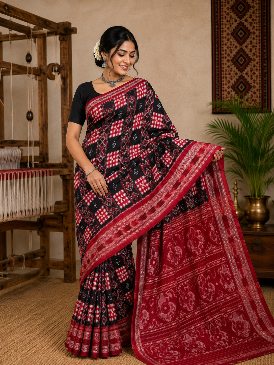 Pure Sambalpuri Handloom Saree – Black & Crimson Red