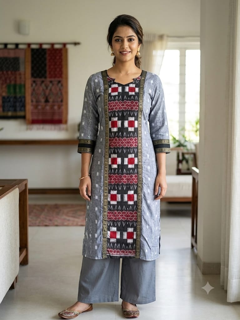 Women's Grey Ethnic Straight Kurti with Designer Printed Front Panel