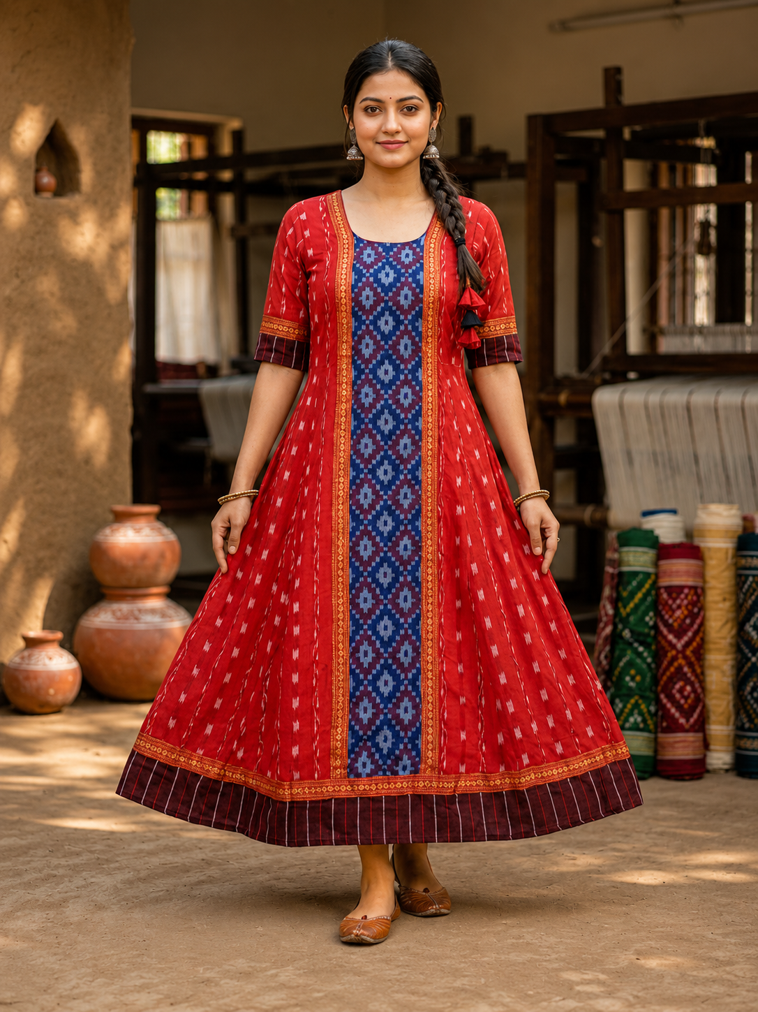 Red sambalpuri Anarkali Kurti – Ethnic Flair