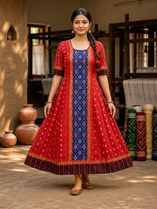 Red sambalpuri Anarkali Kurti β Ethnic Flair