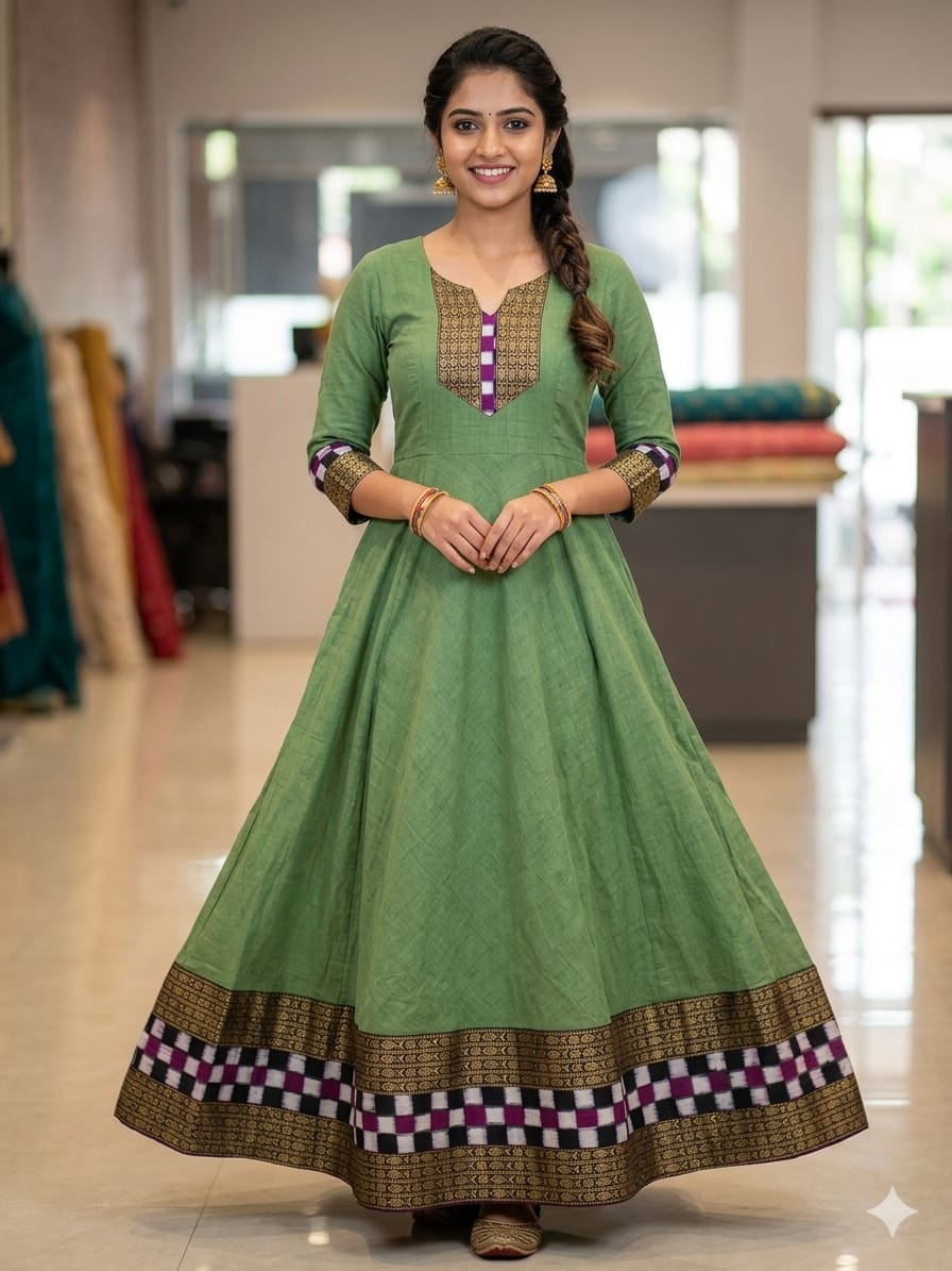Sambalpuri Handloom Anarkali leaf green