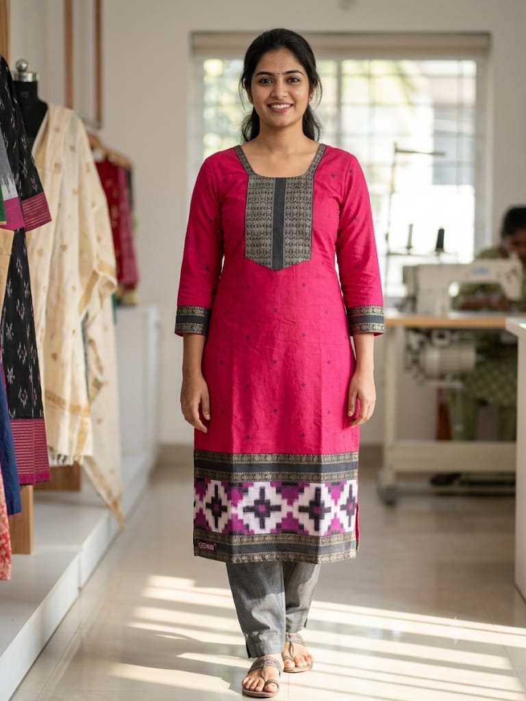 Women's Pink Ethnic Straight Kurti with Designer Yoke & Geometric Border