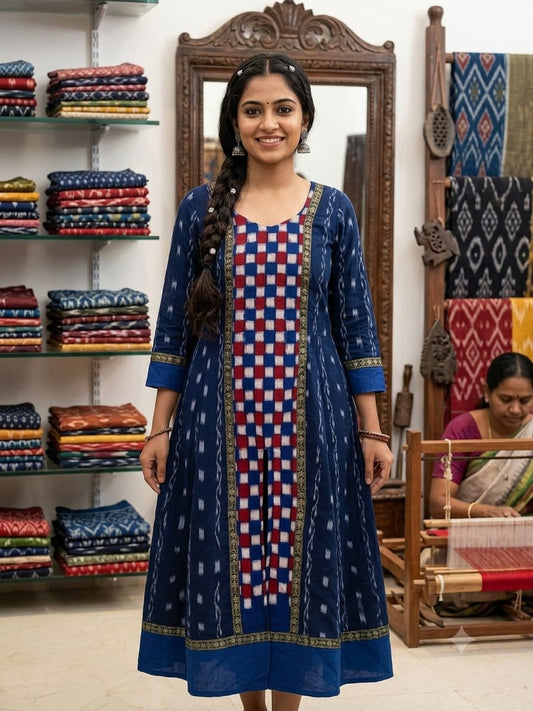 Pure Handloom Sambalpuri Style A-Line Kurti | Navy Blue with Pasapalli Design