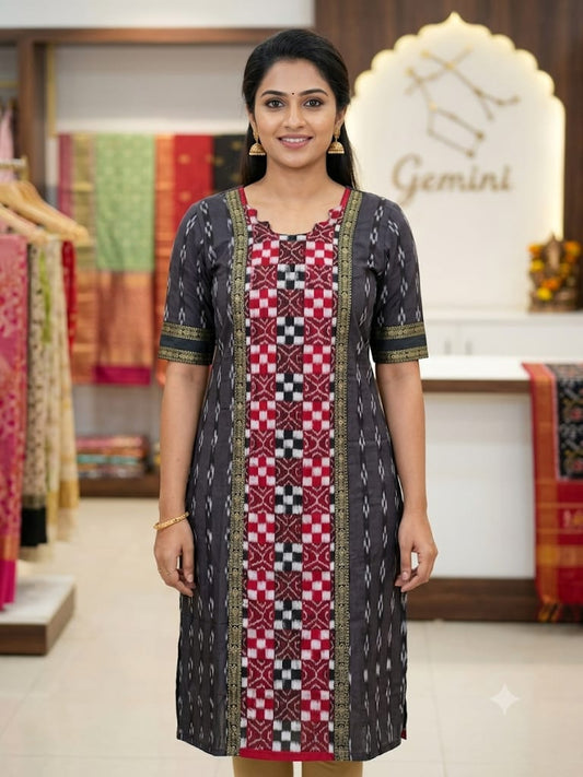 Pure Sambalpuri Handloom Cotton Straight Kurti – Charcoal Grey & Maroon Ethnic Kurta
