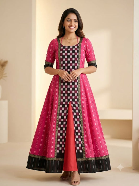 Handloom Anarkali Kurti Rani Pink & Black