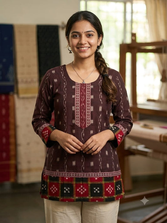Coffee Brown Sambalpuri Handloom Short Kurti