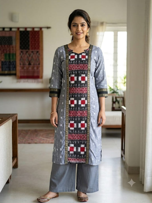 Women's Grey Ethnic Straight Kurti with Designer Printed Front Panel