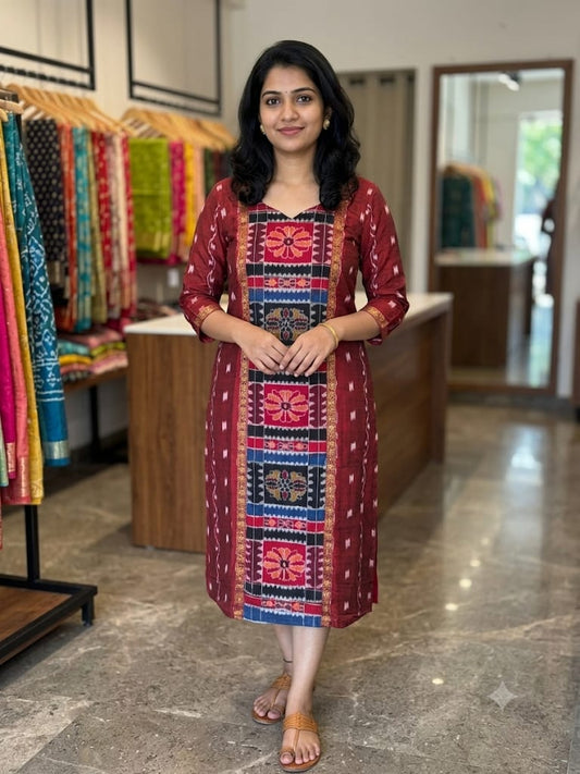Women's Maroon Ethnic Straight Kurti with Designer Floral Printed Panel