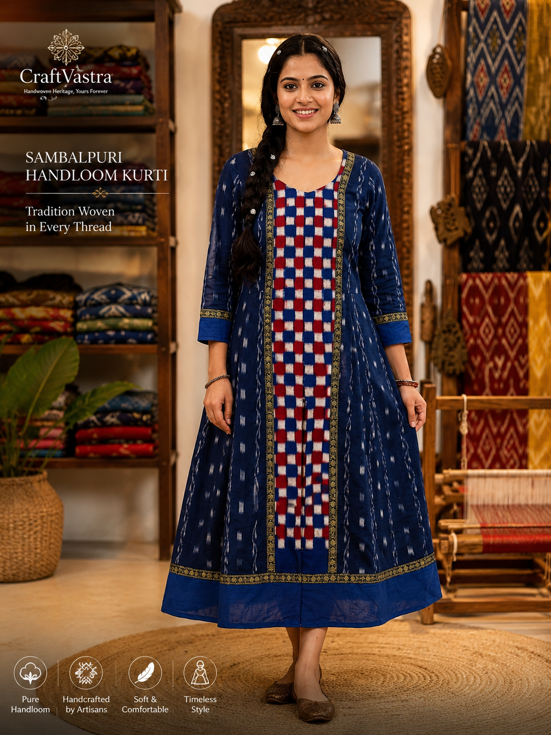 Pure Handloom Sambalpuri Style A-Line Kurti | Navy Blue with Pasapalli Design
