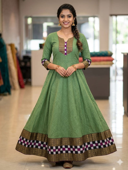 Sambalpuri Handloom Anarkali leaf green