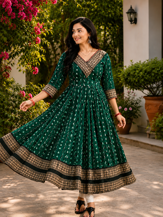Elegant Green sambalpuri Anarkali Kurti – Timeless Grace