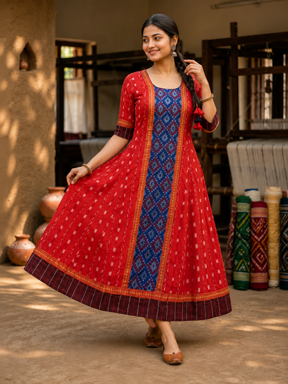 Red sambalpuri Anarkali Kurti – Ethnic Flair