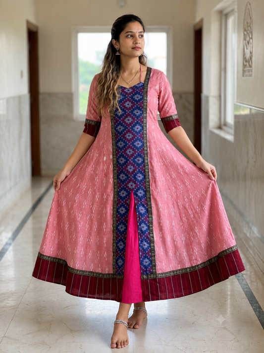 Sambalpuri Handloom light Pink Anarkali Kurti