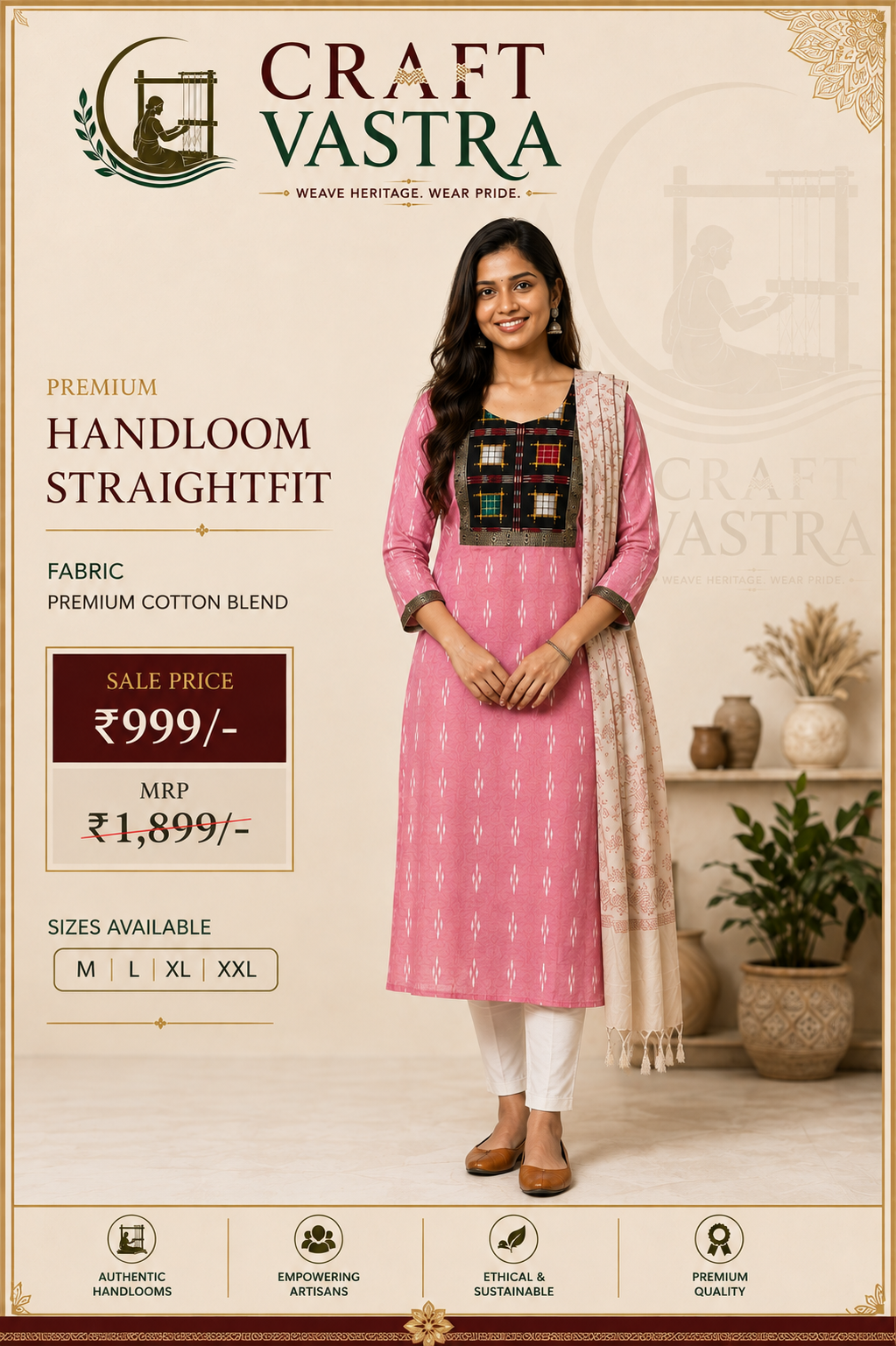 Premium Handloom Straight Fit Kurta - Blush pink