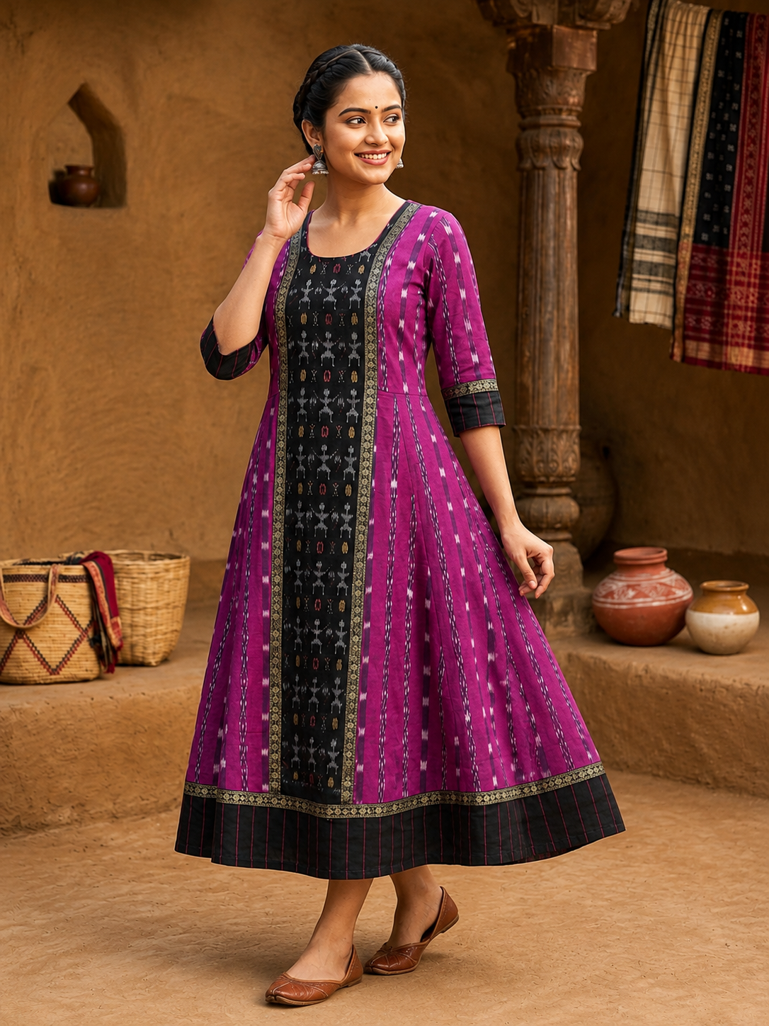 Purple sambalpuri Anarkali Kurti - magenta