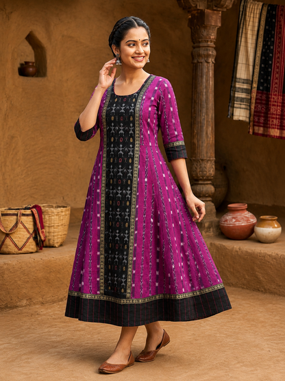 Purple sambalpuri Anarkali Kurti - magenta