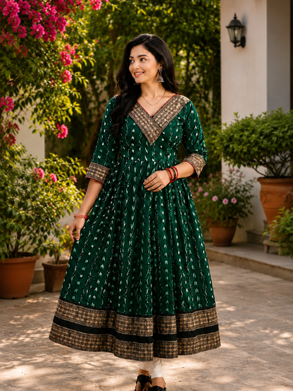 Elegant Green sambalpuri Anarkali Kurti – Timeless Grace