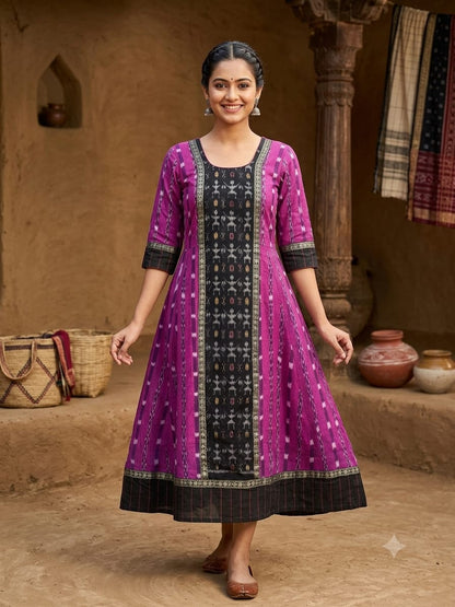 Purple sambalpuri Anarkali Kurti - magenta